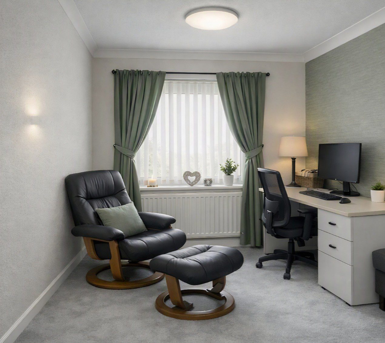 Home office with chair and computer desk.