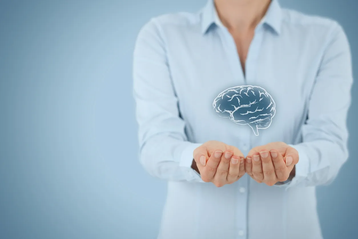 Person presenting holographic brain model