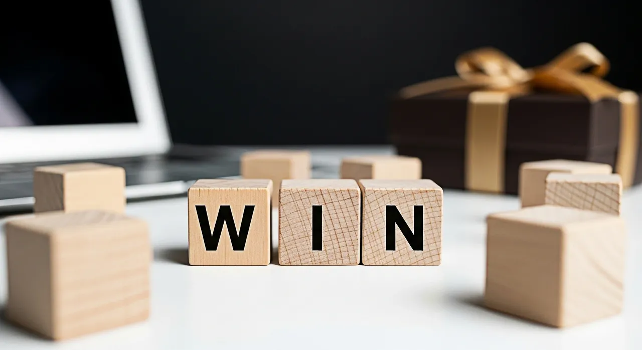 Cubes with "win" and a wrapped present
