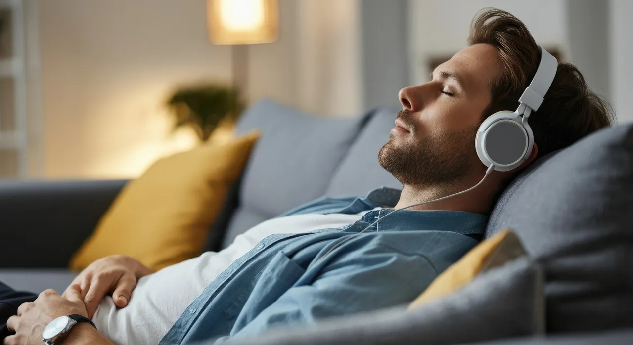 Relaxing at home with headphones on