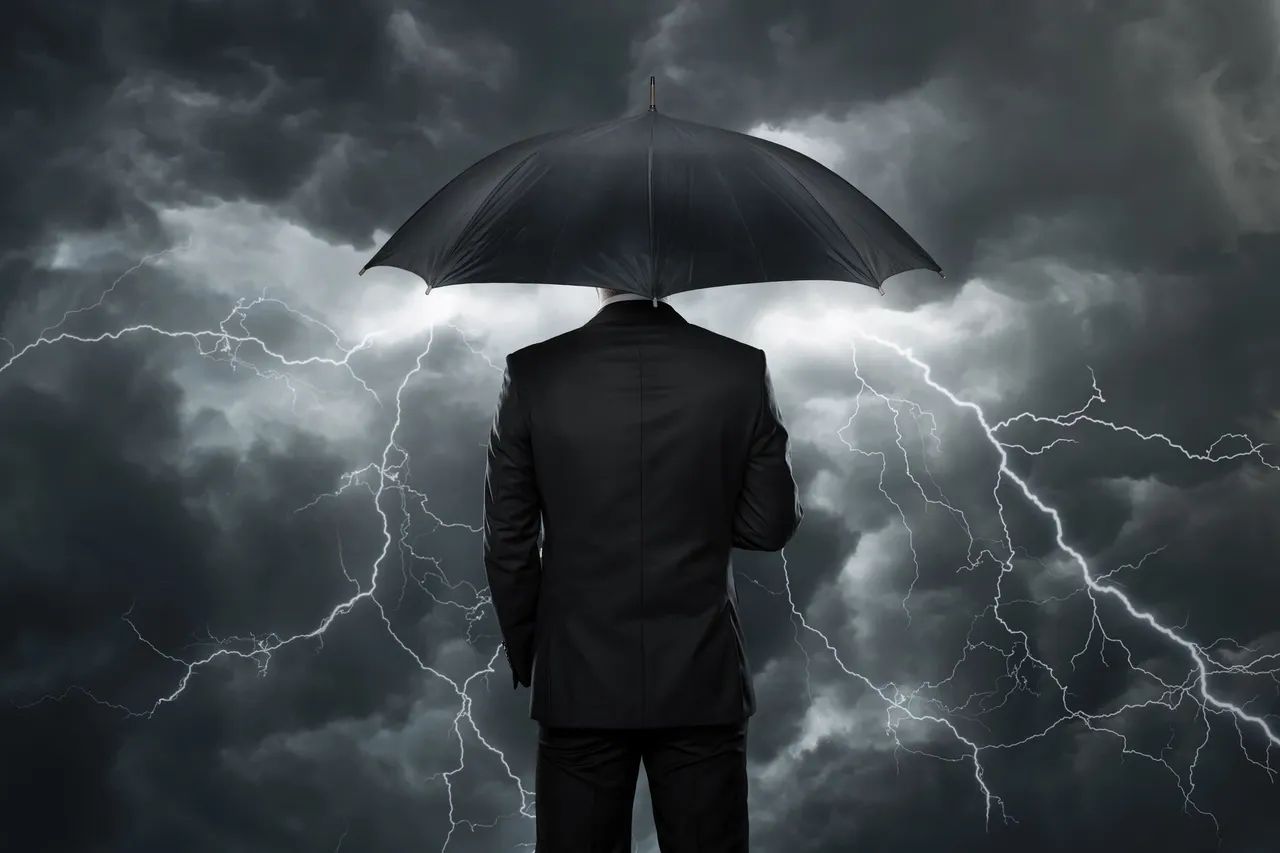 Businessman facing lightning storm