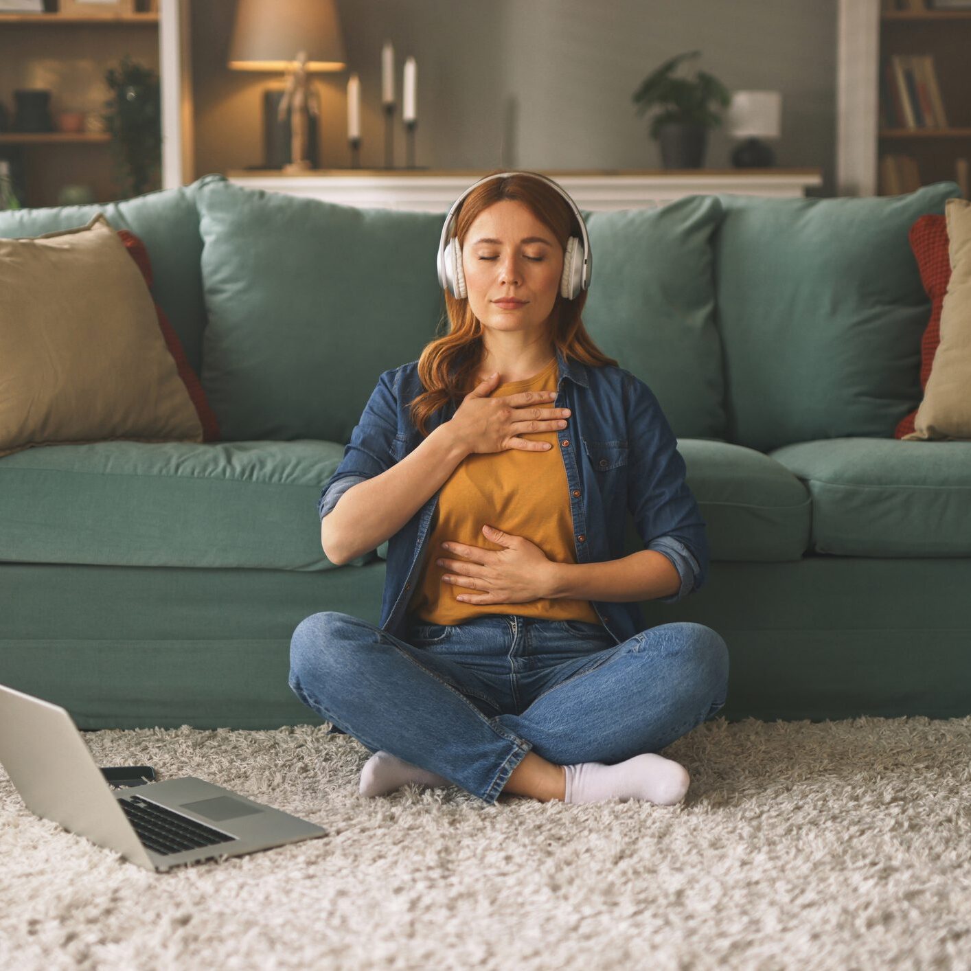 Woman meditating with headphones near laptop.