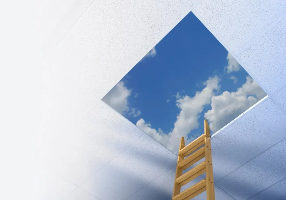 Wooden ladder under blue sky opening