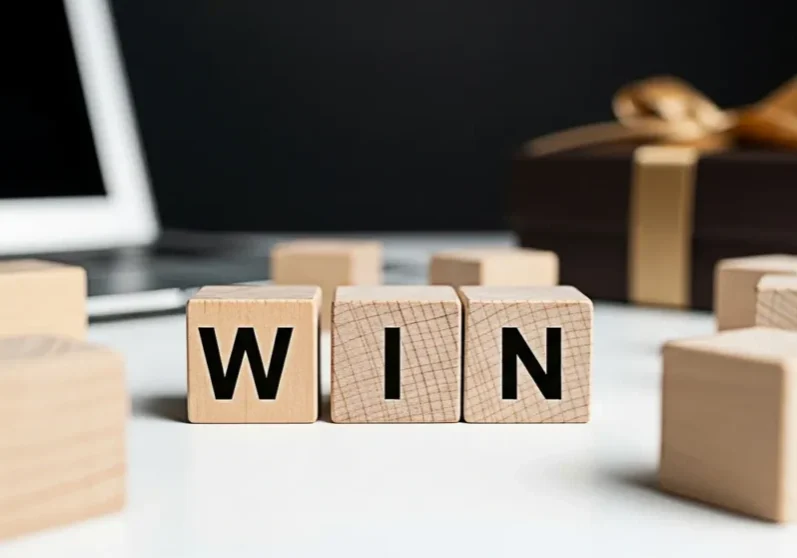 Cubes with "win" and a wrapped present