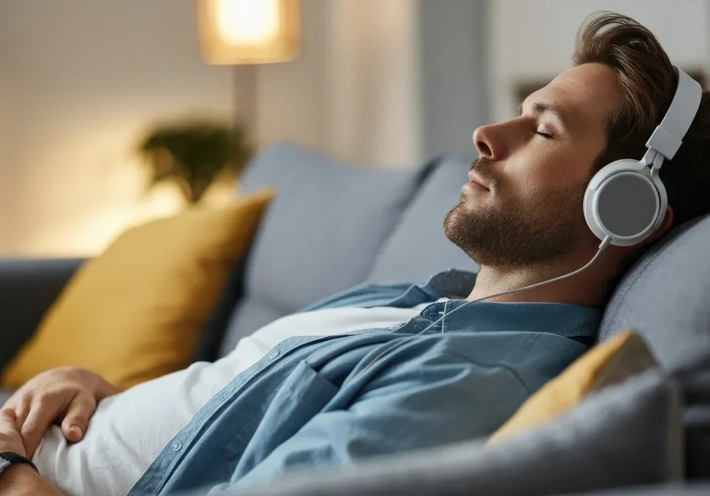 Relaxing at home with headphones on